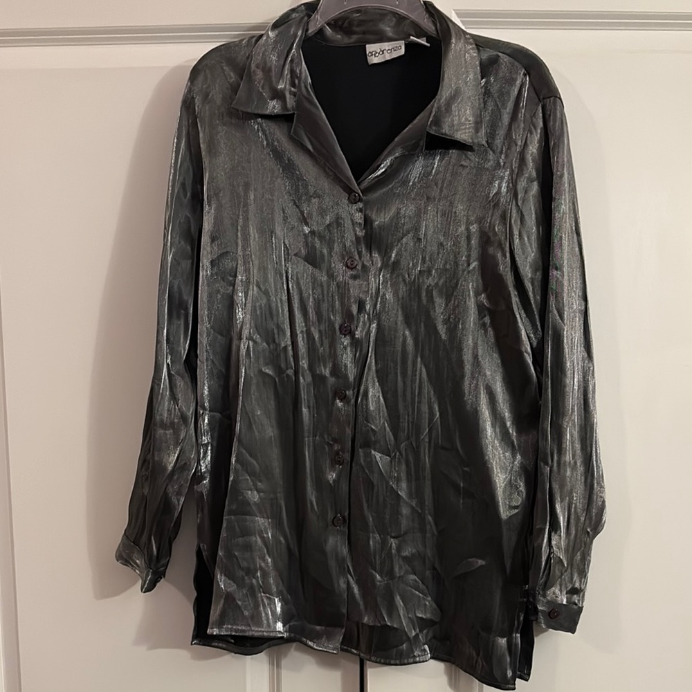 Gray Metallic Button-Up Blouse